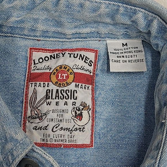Vintage 90s Looney Tunes Embroidered Denim Long Sleeve Jean Shirt Size Medium - Picture 3 of 8